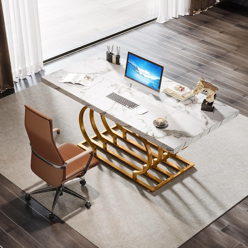 63" Modern Office Desk, White and Gold Executive Desk, Large On Sale